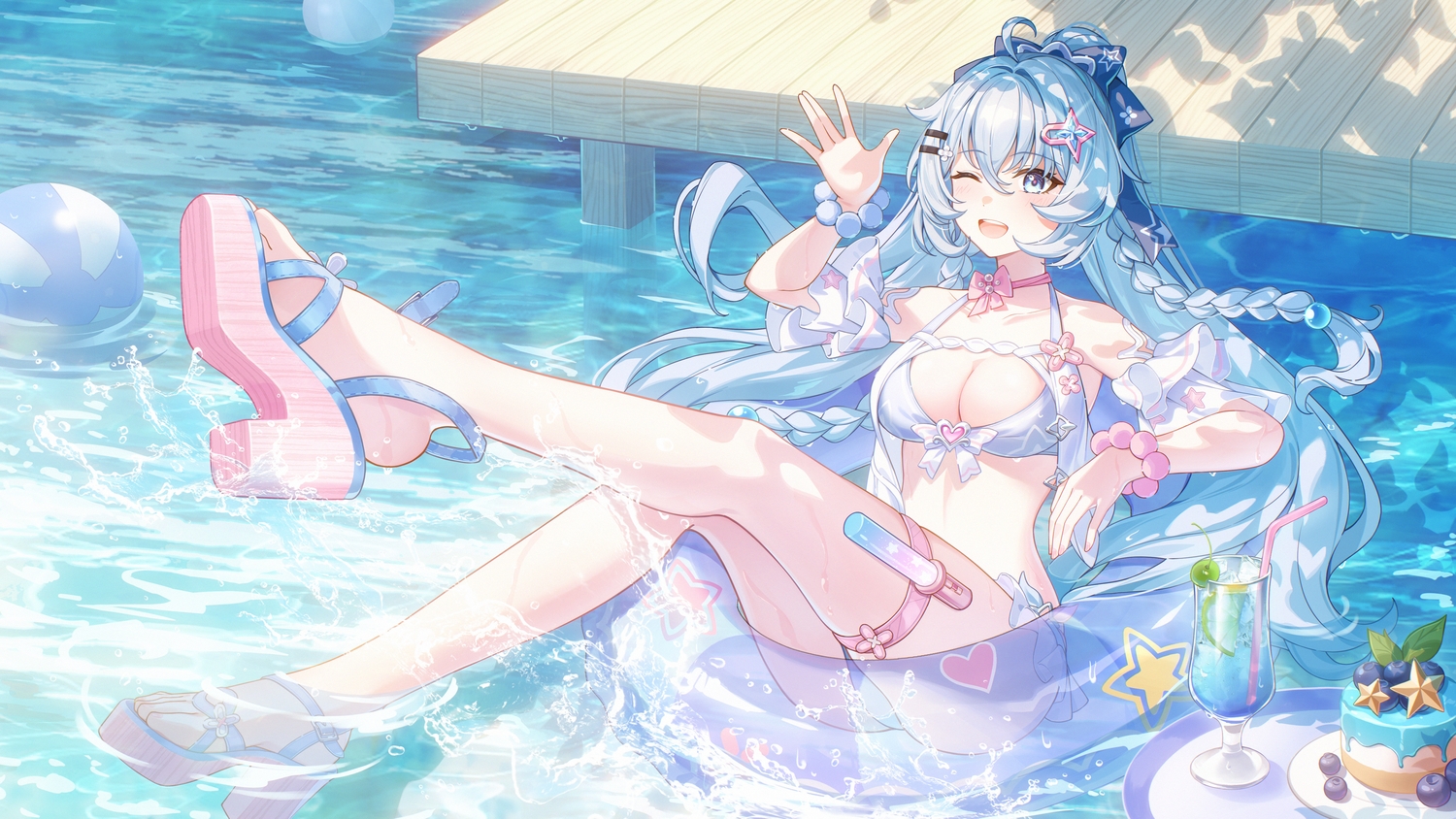 aimh, ball, bikini, blue_eyes, blue_hair, blush, bow, braids, breasts, cake, choker, cleavage, drink, food, fruit, garter, honkai_impact, honkai_(series), long_hair, ponytail, shade, shigure_kira, swim_ring, swimsuit, water, wink, wristwear