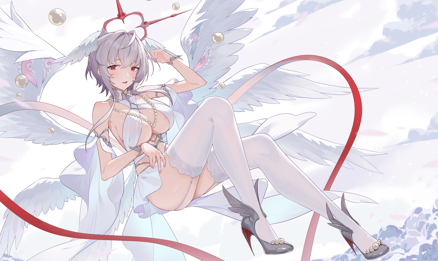 angel, anthropomorphism, azur_lane, breasts, cleavage, garter_belt, gray_hair, halo