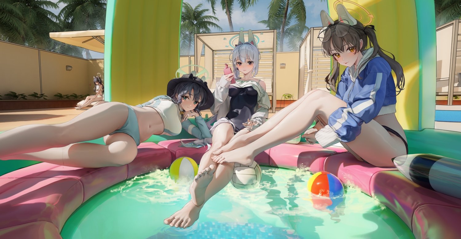 3d, animal_ears, ball, barefoot, bikini, black_hair, blue_archive, braids