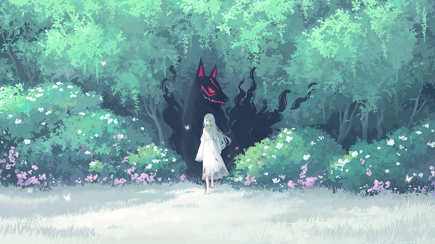 animal, barefoot, butterfly, dress, flowers, forest, fox, grass