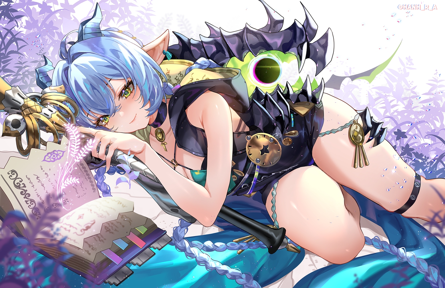 blue_hair, book, braids, breasts, choker, cleavage, garter, grass, hanh_chu, hood, horns, long_hair, lucia_elowen, magic, pointed_ears, shorts, staff, watermark, yellow_eyes, zenless_zone_zero