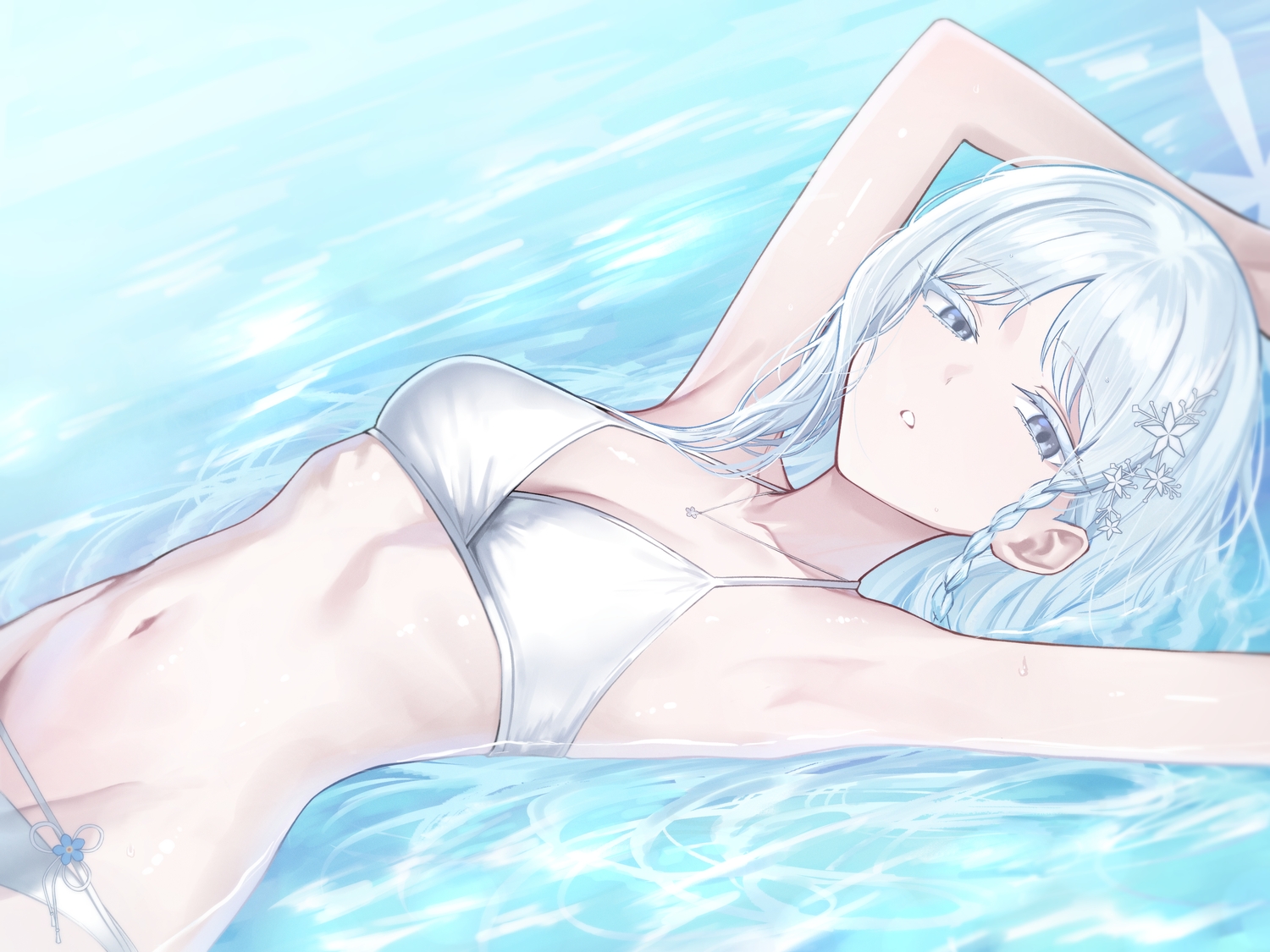 aoi_riko, bikini, blue_archive, braids, breasts, cleavage, goryou_nagusa, gray_eyes, gray_hair, long_hair, navel, necklace, swimsuit, water