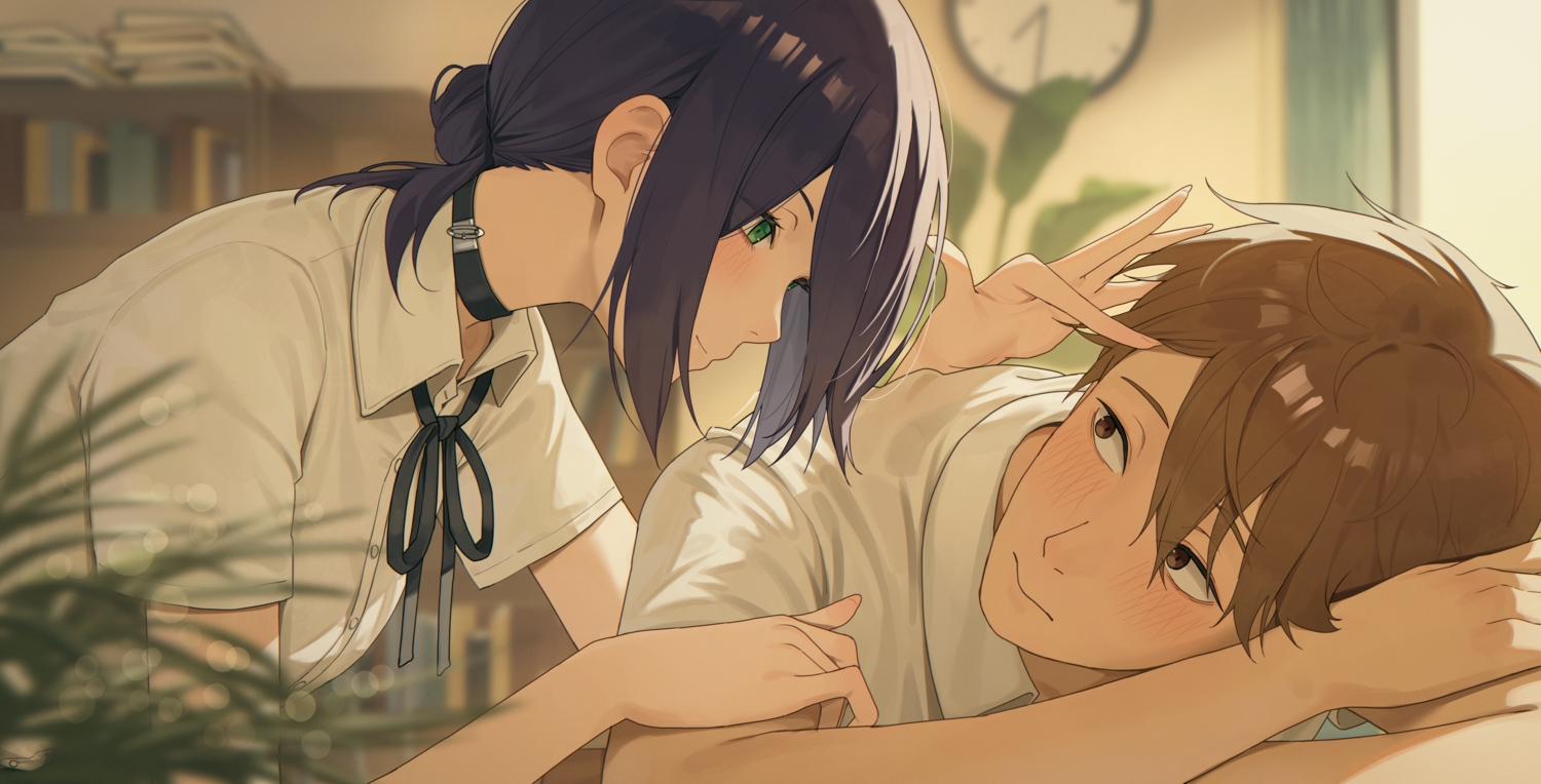 black_hair, blush, book, bow, brown_eyes, brown_hair, chainsaw_man, close