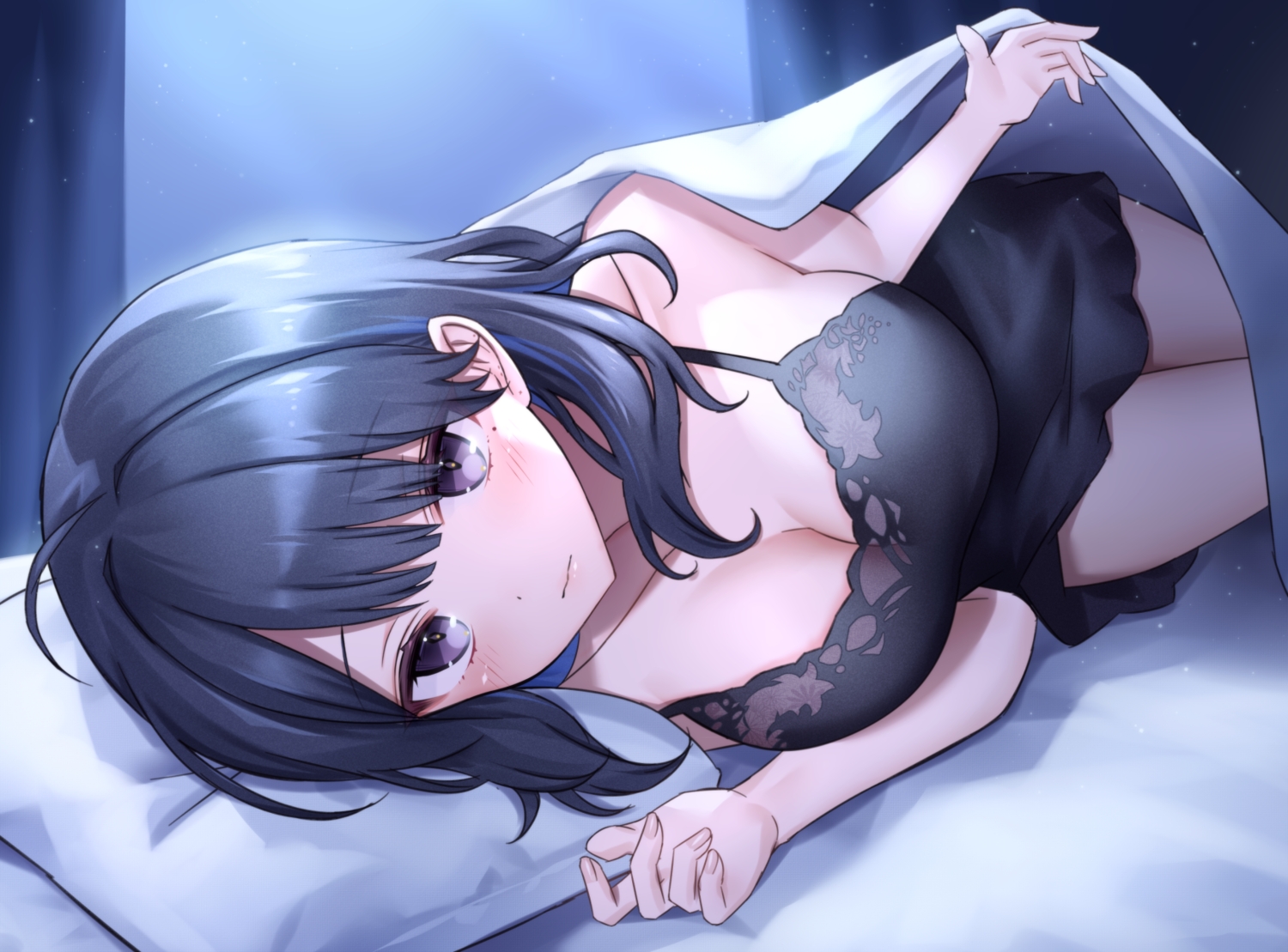 bed, black_hair, blush, breasts, cleavage, close, koshimizu_toru, neit_ni_sei, nijisanji, pajamas, purple_eyes, short_hair