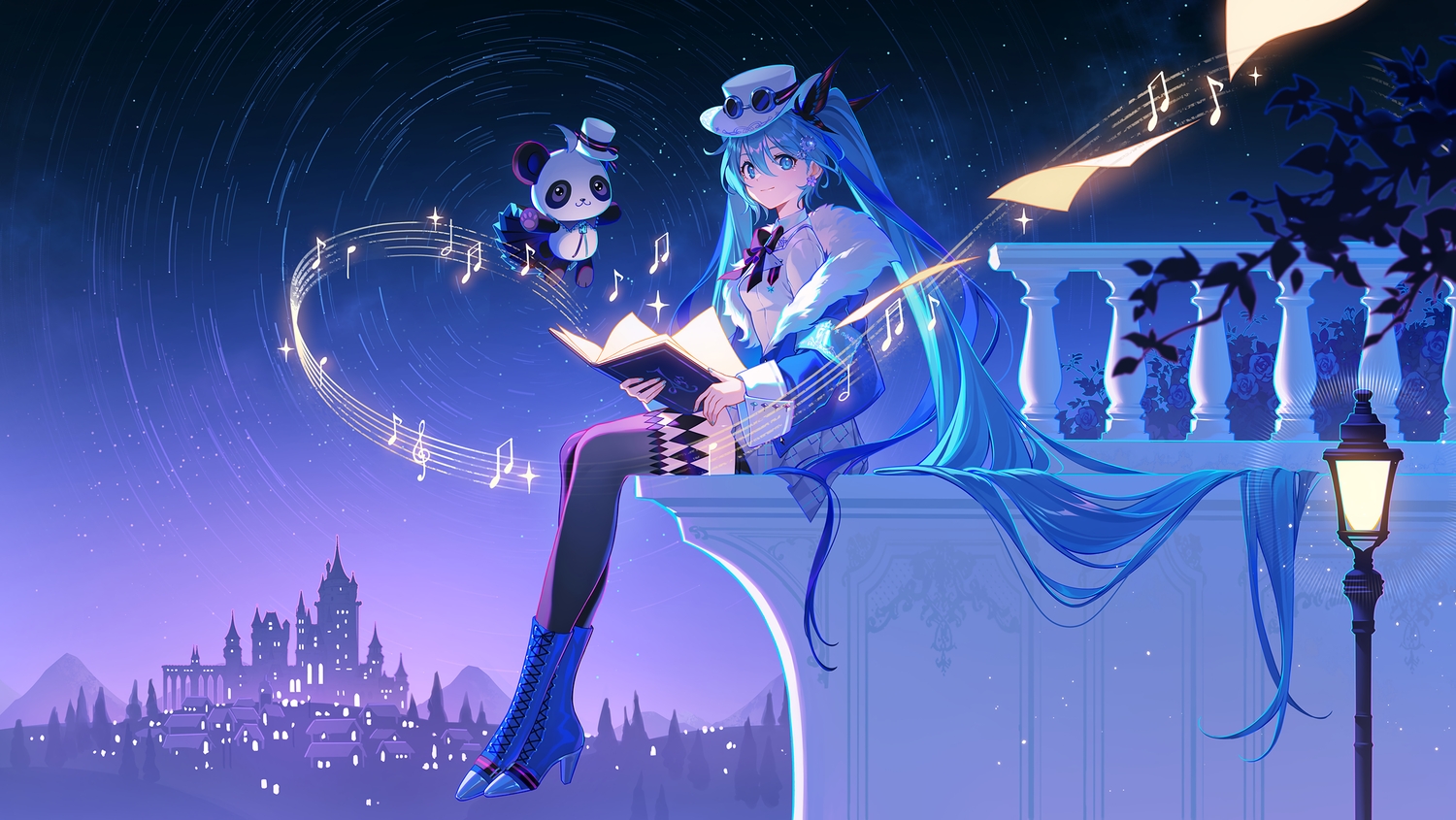 animal, aqua_eyes, aqua_hair, bear, book, boots, bow, building