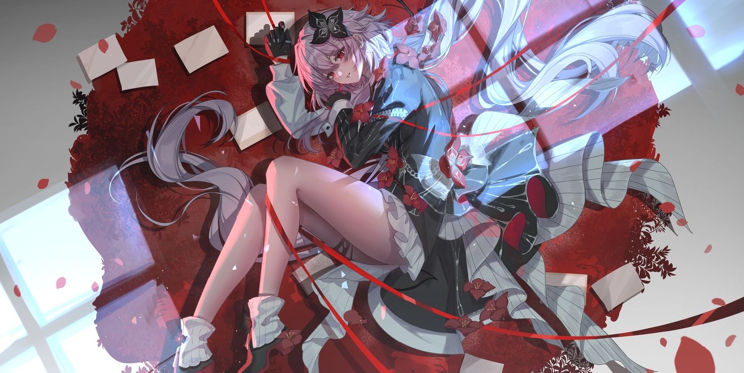 chain, dress, evernight_(honkai:_star_rail), garter, gloves, honkai_(series), honkai:_star_rail, long_hair, march_7th_(honkai:_star_rail), paper, petals, pink_hair, red_eyes, ribbons, yolanda