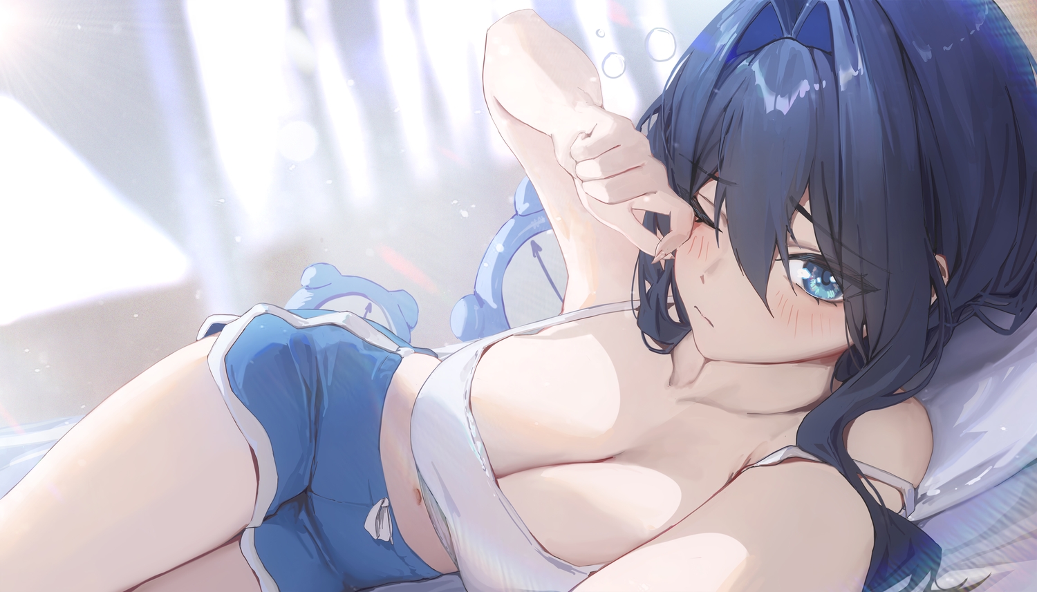 bed, black_hair, blue_eyes, blush, bow, breasts, cleavage, close