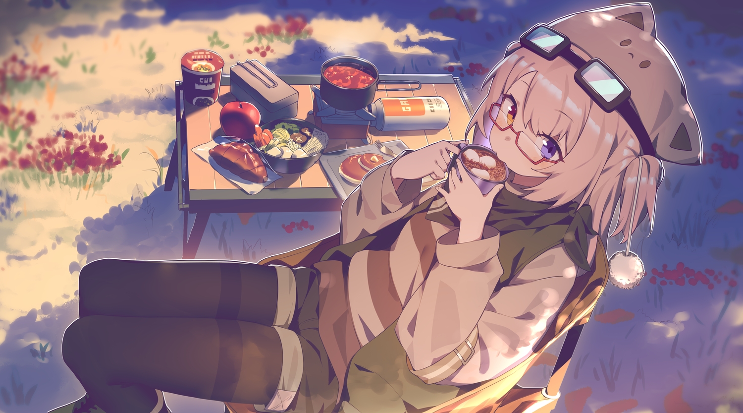 animal_ears, apple, bicolored_eyes, blush, drink, flowers, food, fruit