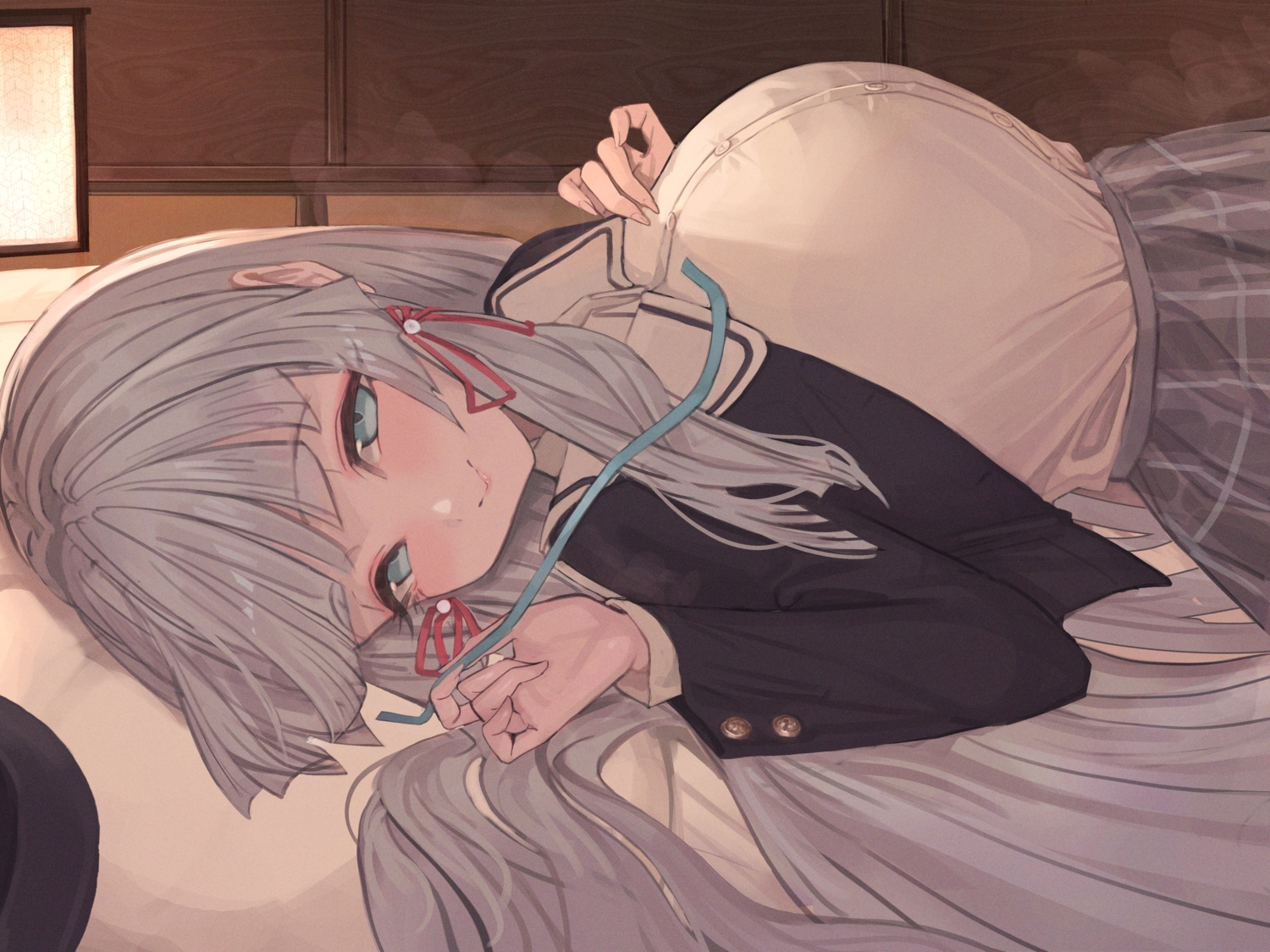 bed, blush, breasts, gray_hair, green_eyes, long_hair, moco_(moco_28), original