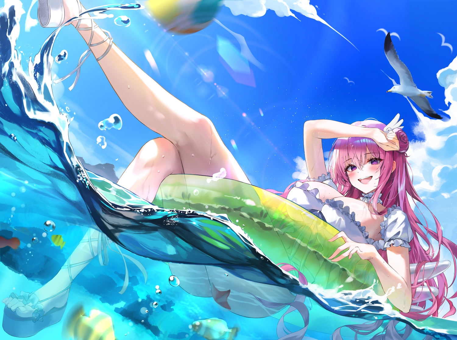 animal, ball, bikini, bird, blush, bow, breasts, cleavage