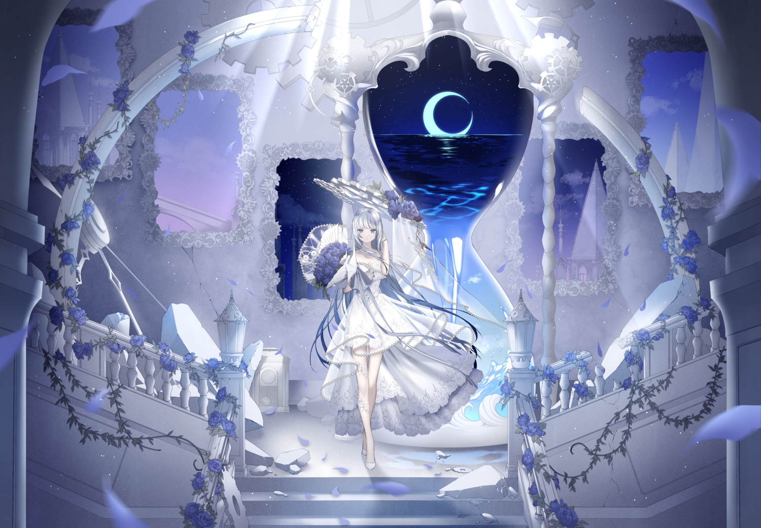 aliasing, blue_eyes, bow, dress, flowers, gray_hair, headdress, kotarou_(kot_mochi)