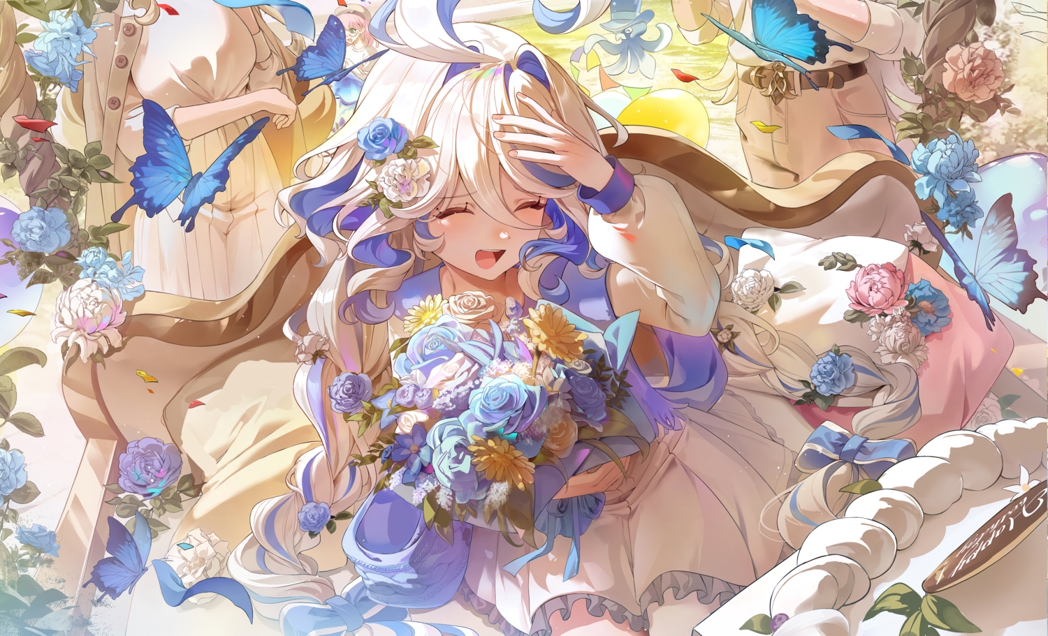 braids, butterfly, cake, charlotte_(genshin_impact), datsha, dress, flowers, food