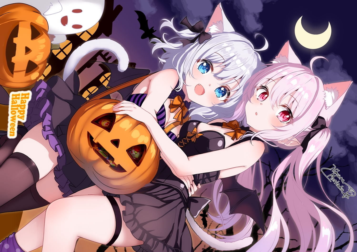 2girls, animal, animal_ears, bat, blue_eyes, bow, breasts, building