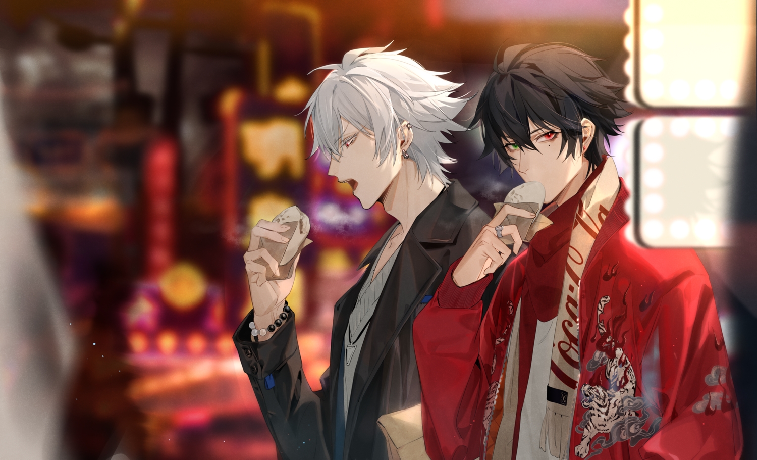 all_male, aohitsugi_samatoki, bicolored_eyes, black_hair, food, gray_hair, hypnosis_mic, male, maosanmu, necklace, red_eyes, scarf, short_hair, wristwear, yamada_ichiro