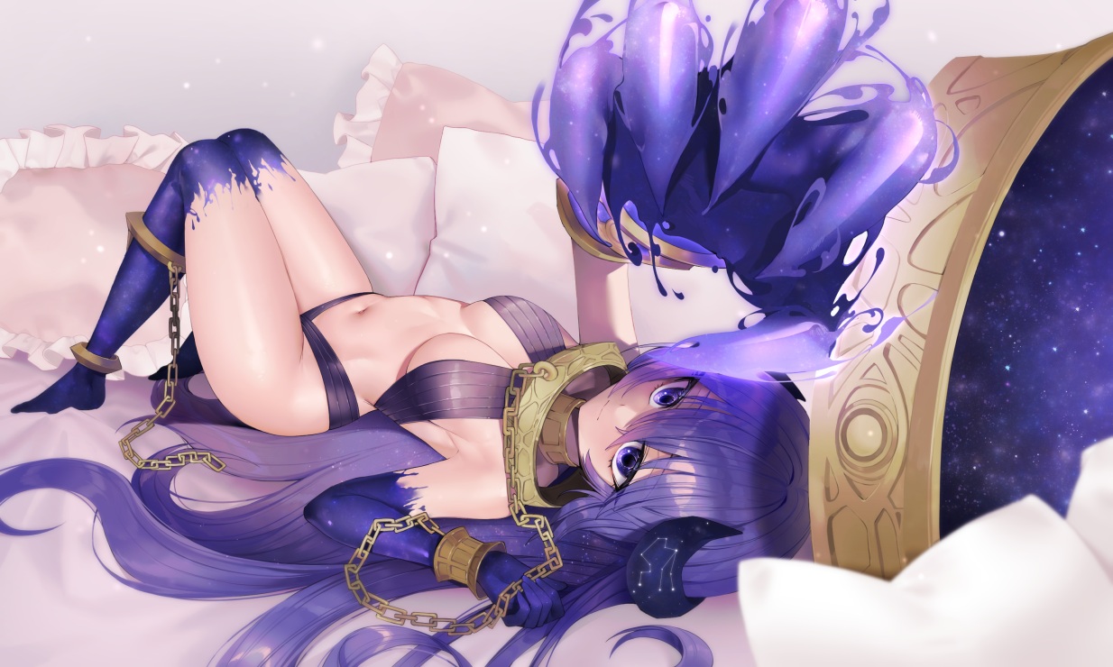 bed, bikini, breasts, chain, choker, horns, kamchrome, long_hair