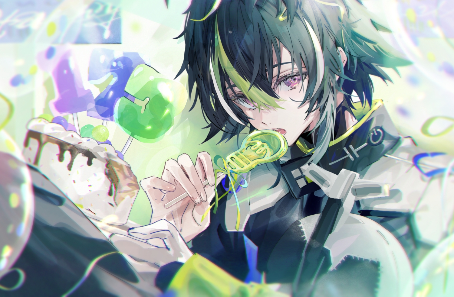 all_male, black_hair, cake, candy, close, food, gloves, inami_rai, lollipop, male, nijisanji, purple_eyes, shia_job, short_hair