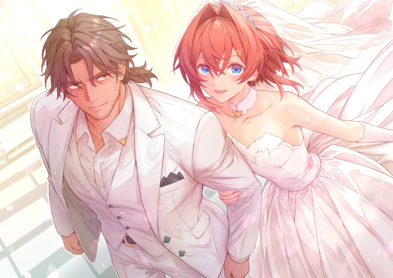ange_katrina, belmond_banderas, blue_eyes, blush, brown_hair, choker, dress, elbow_gloves