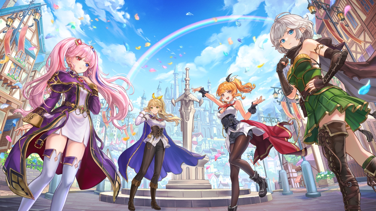 aqua_eyes, aratakosu_(tako's), armor, bicolored_eyes, blonde_hair, boots, breasts, brown_eyes, building, cape, city, cleavage, clouds, corset, dana_(goddess_order), dress, fenchela_(goddess_order), garter, goddess_order, gray_hair, green_eyes, group, hood, lisbeth_leonhart, long_hair, orange_hair, pantyhose, petals, pink_hair, pointed_ears, ponytail, rainbow, shirt, short_hair, shorts, sia_(goddess_order), sky, thighhighs, twintails, wristwear, zettai_ryouiki
