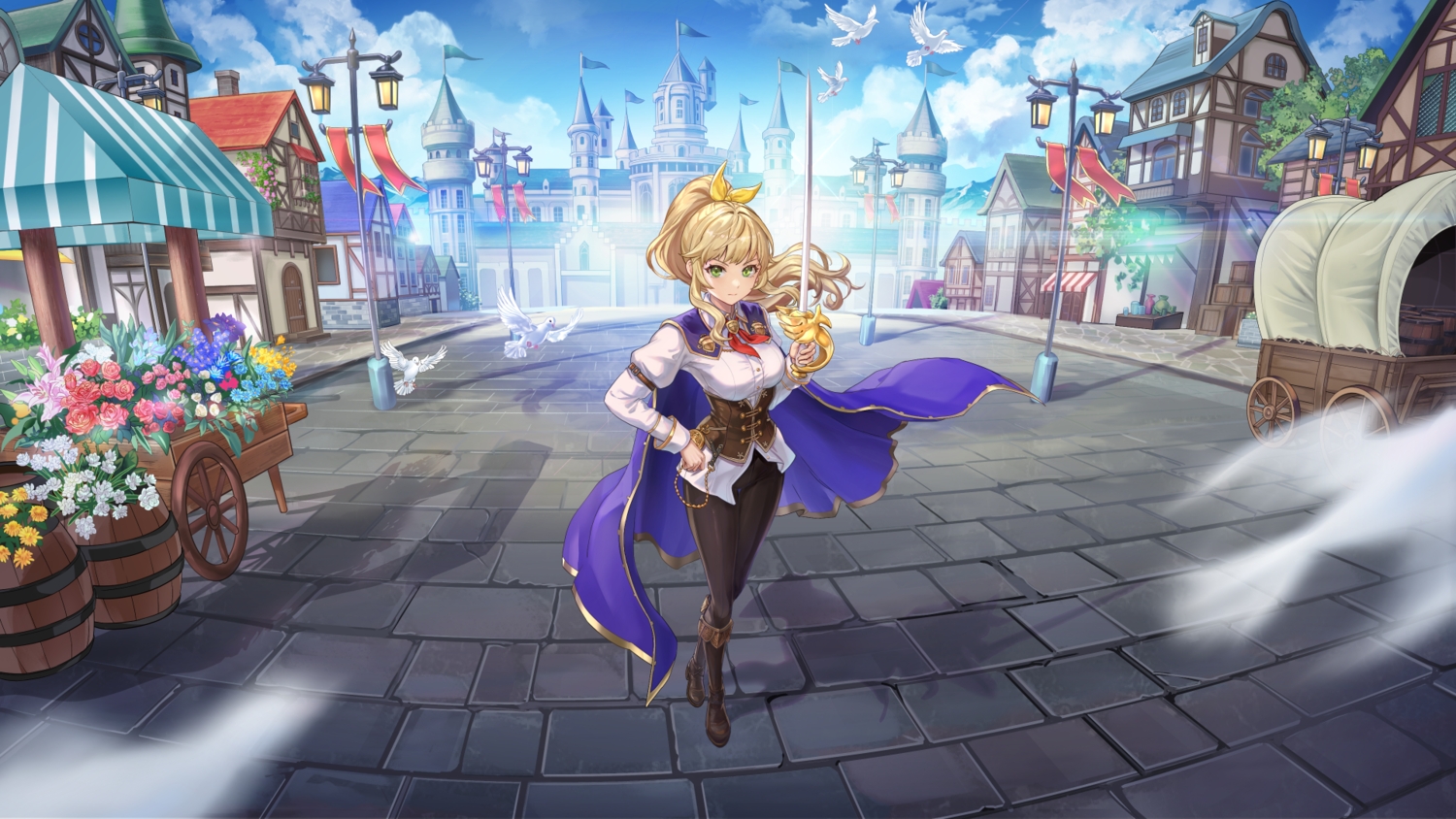 animal, aratakosu_(tako's), bird, blonde_hair, boots, building, cape, city, clouds, corset, flowers, goddess_order, green_eyes, lisbeth_leonhart, long_hair, ponytail, shirt, sky, sword, weapon