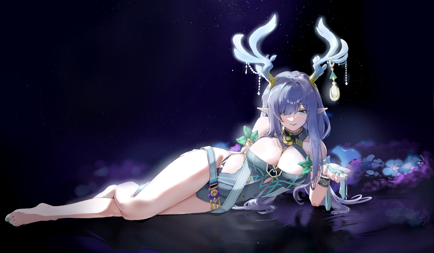barefoot, blue_hair, breasts, cleavage, genshin_impact, green_eyes, horns, lauma_(genshin_impact)