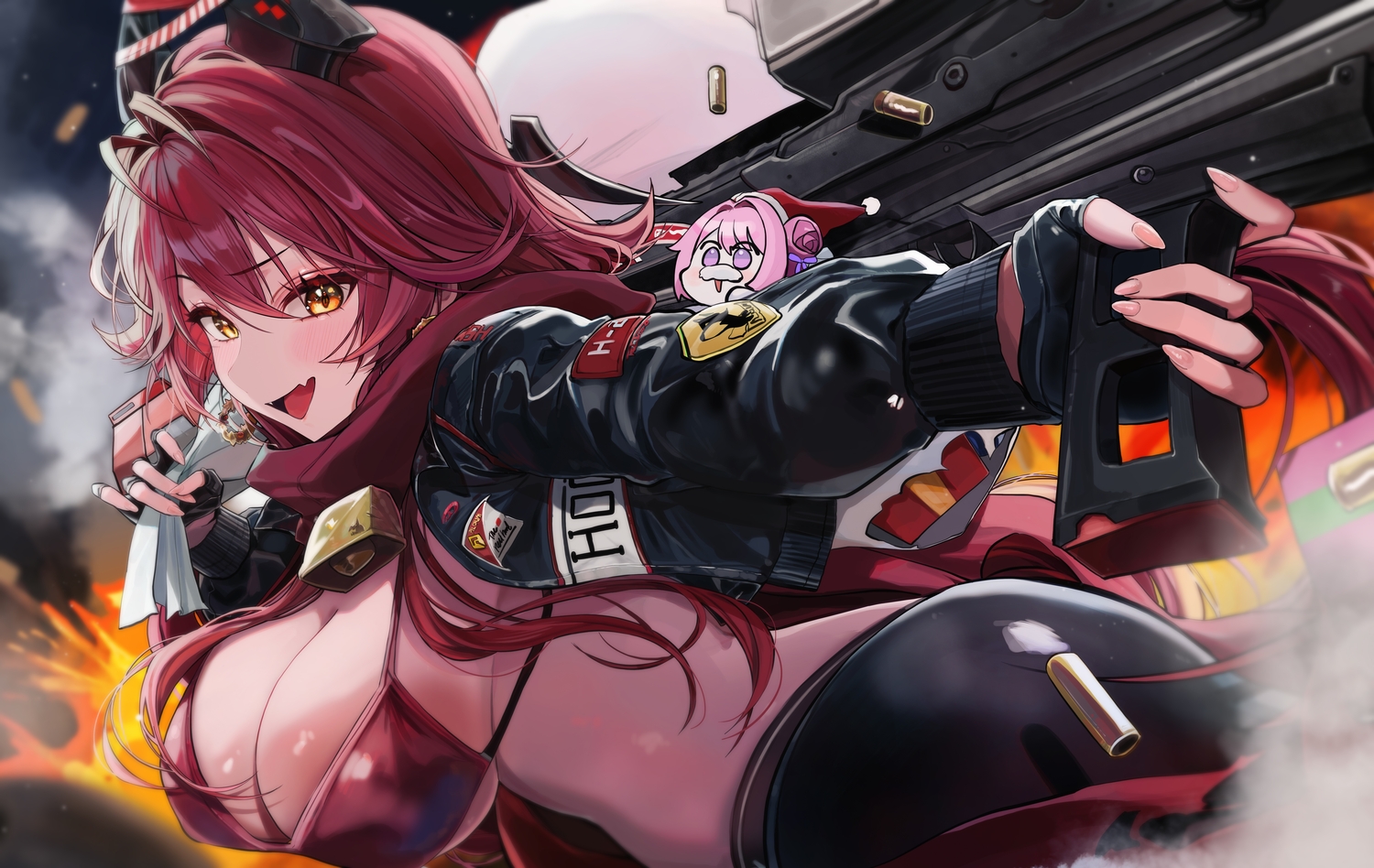 bell, bikini_top, blance, blush, breasts, chibi, christmas, cleavage, doro_(nikke), fang, gloves, goddess_of_victory:_nikke, gun, hat, orange_eyes, pink_hair, purple_eyes, red_hood_(nikke), santa_hat, scarf, shorts, weapon