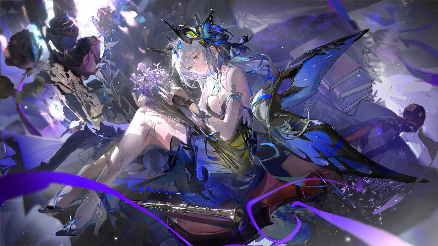 book, breasts, choker, cleavage, dress, duet_night_abyss, flowers, gray_hair, headdress, instrument, long_hair, psyche_(duet_night_abyss), ribbons, rose, ruoganzhao, sketch, thighhighs, wings, yellow_eyes