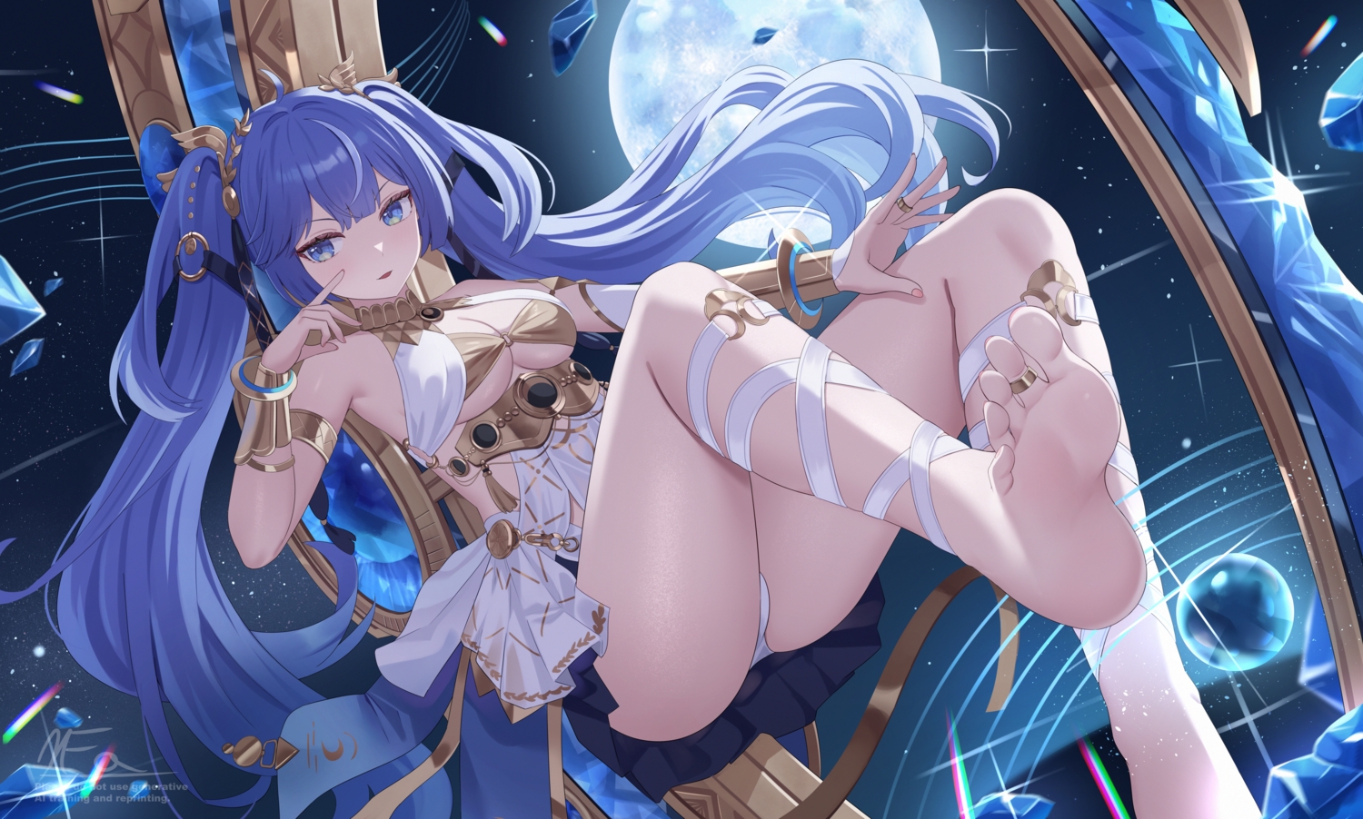 barefoot, blue_eyes, blue_hair, blush, breasts, cleavage, dress, iuno_(wuthering_waves)