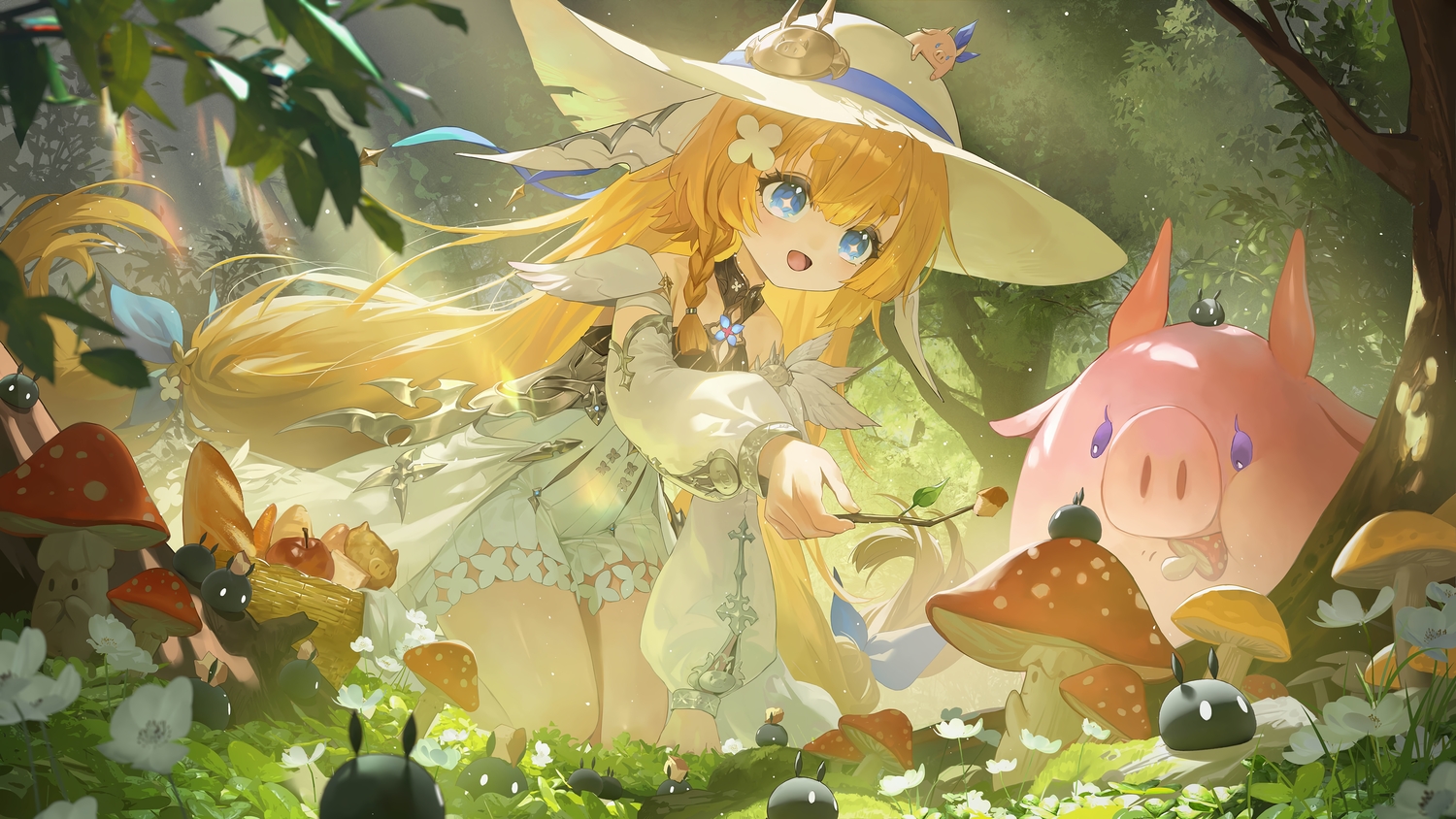 animal, apple, blonde_hair, blue_eyes, braids, choker, dress, duet_night_abyss