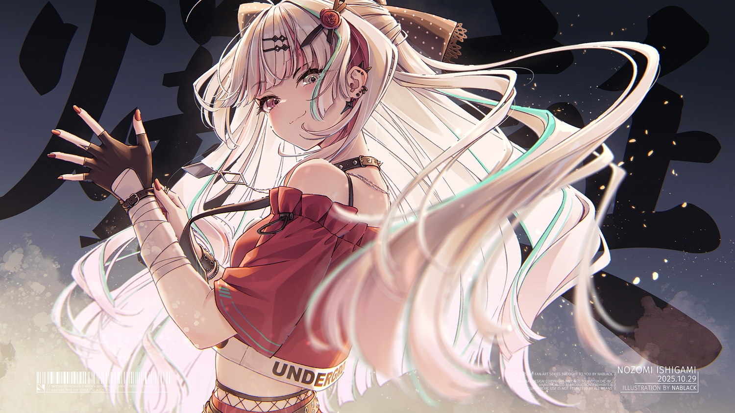 bandage, bicolored_eyes, blush, bow, choker, gloves, gray_hair, ishigami_nozomi
