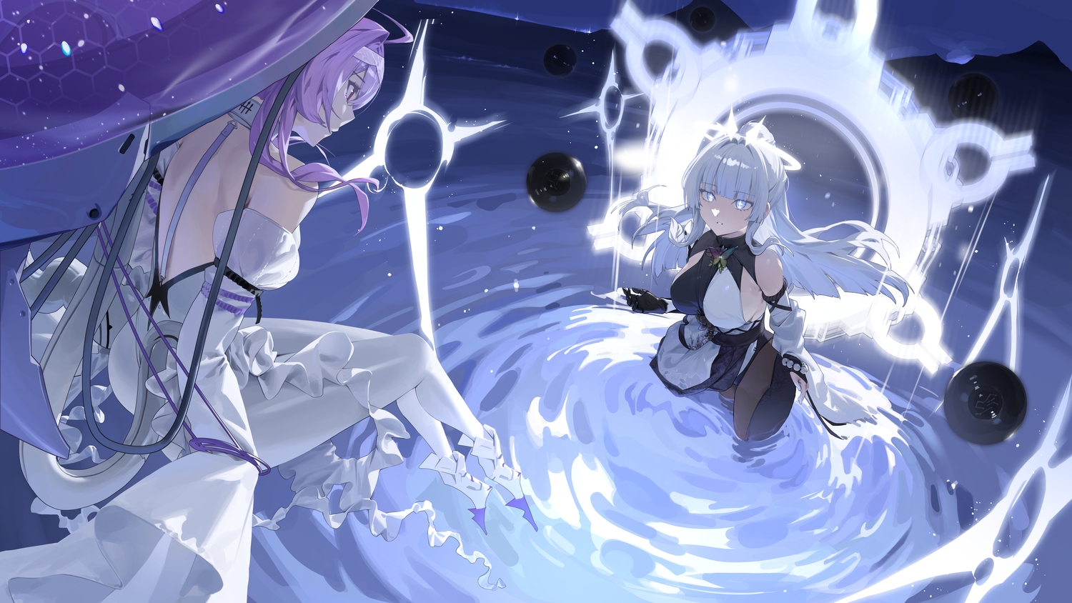 2girls, blue_eyes, bodysuit, breasts, gloves, goddess_of_victory:_nikke, gray_hair, halo