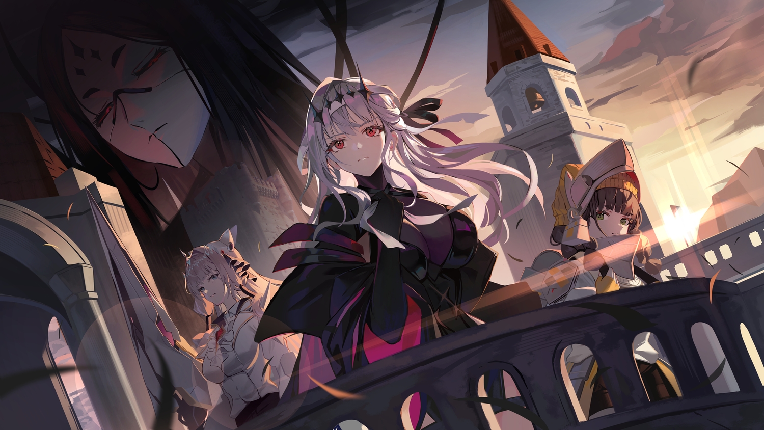 armor, black_hair, blonde_hair, blue_eyes, braids, brown_hair, building, chime_(nikke), clouds, crown_(nikke), goddess_of_victory:_nikke, gray_hair, green_eyes, hat, headband, hyonee, leotard, long_hair, modernia_(nikke), rapture_queen_(nikke), red_eyes, sky, sunset, sword, twintails, weapon