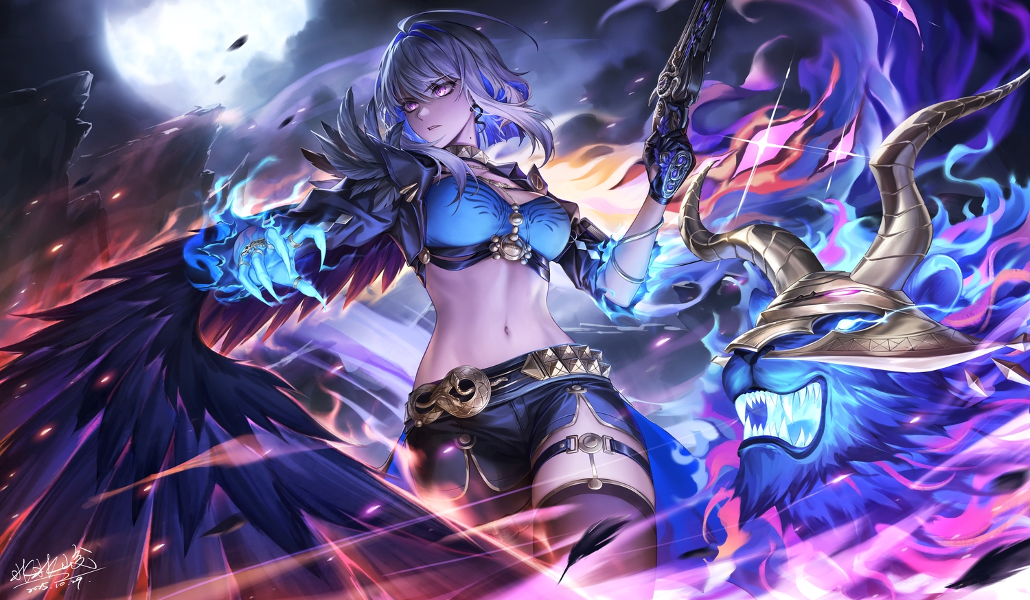 armor, bantish, breasts, chimera_(wuthering_waves), choker, cleavage, clouds, feathers, galbrena_(wuthering_waves), garter, gloves, gray_hair, gun, horns, magic, moon, navel, night, purple_eyes, short_hair, shorts, signed, sky, thighhighs, weapon, wings, wuthering_waves, zettai_ryouiki