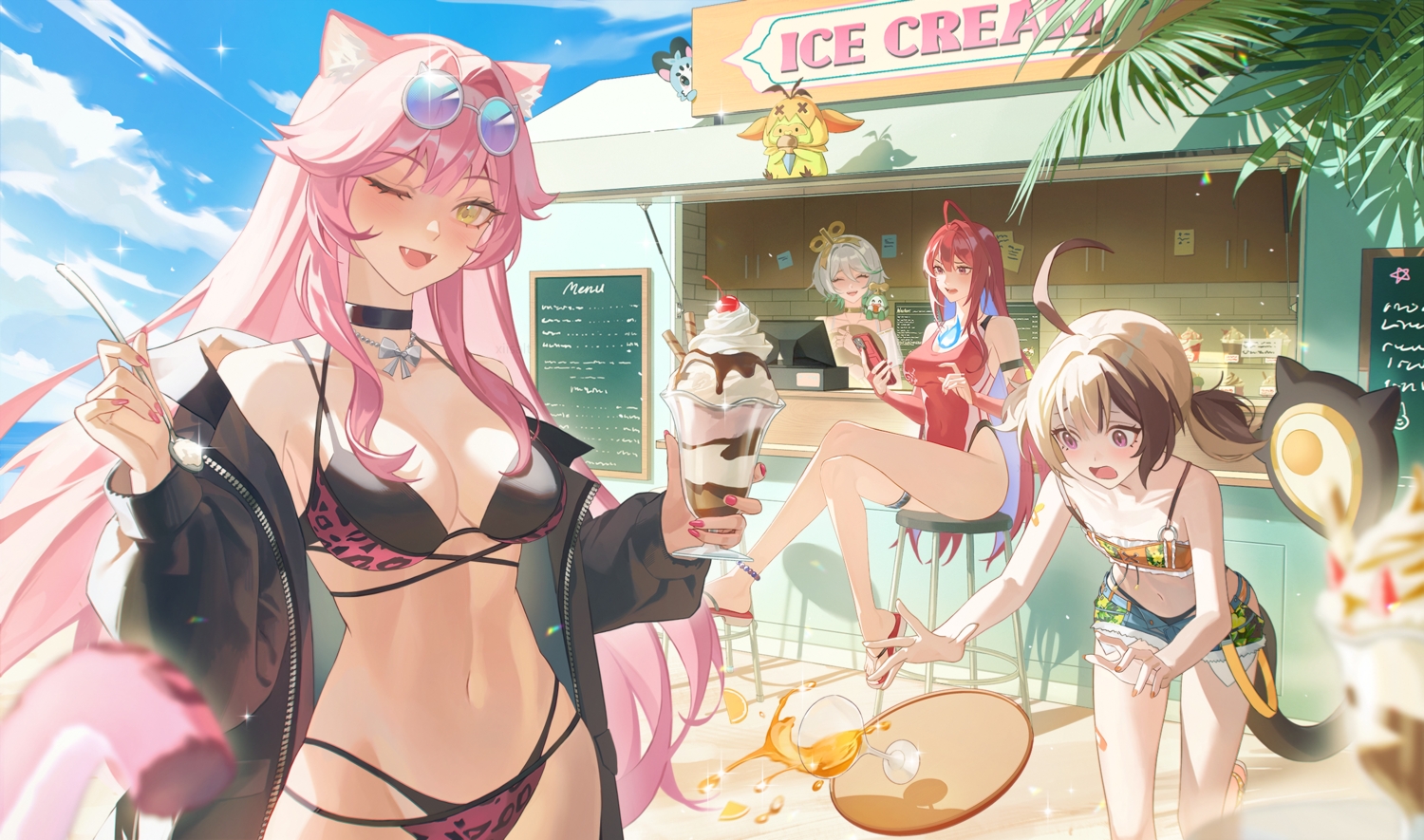 aliasing, animal_ears, bandaid, beach, bikini, blonde_hair, blush, breasts, catgirl, cecilia_immergreen, cherry, choker, cleavage, clouds, doll, drink, elizabeth_rose_bloodflame, fang, flat_chest, food, fruit, garter, gigi_murin, gray_hair, group, hololive, ice_cream, long_hair, navel, necklace, phone, pink_hair, purple_eyes, raora_panthera, red_eyes, red_hair, short_hair, shorts, sky, sunglasses, swimsuit, tail, twintails, wink, xiisalt, yellow_eyes