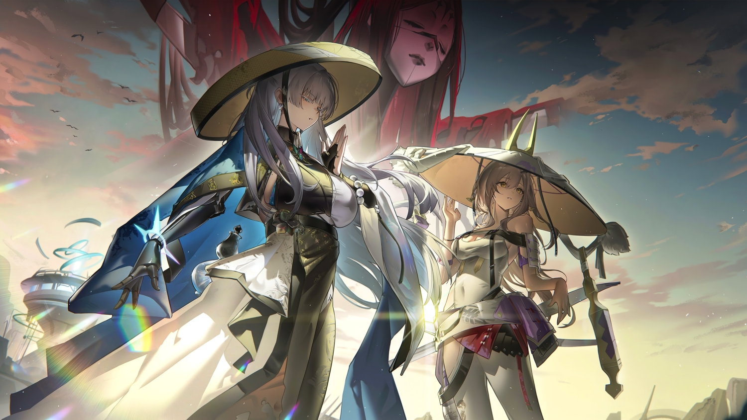 2girls, black_hair, bodysuit, breasts, cleavage, clouds, gloves, goddess_of_victory:_nikke