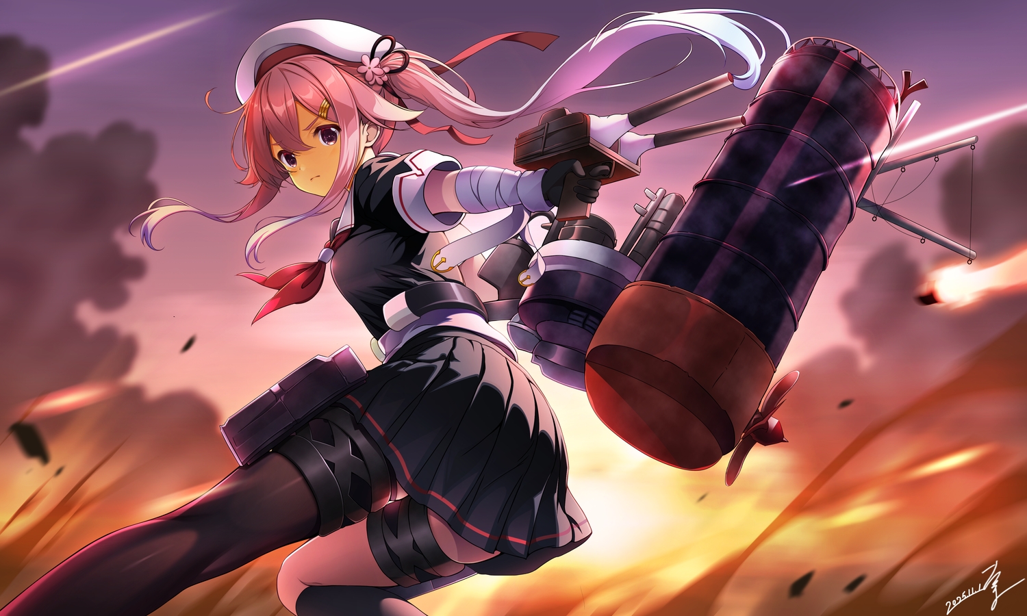 anthropomorphism, bandage, clouds, garter, gloves, harusame_(kancolle), hat, kantai_collection