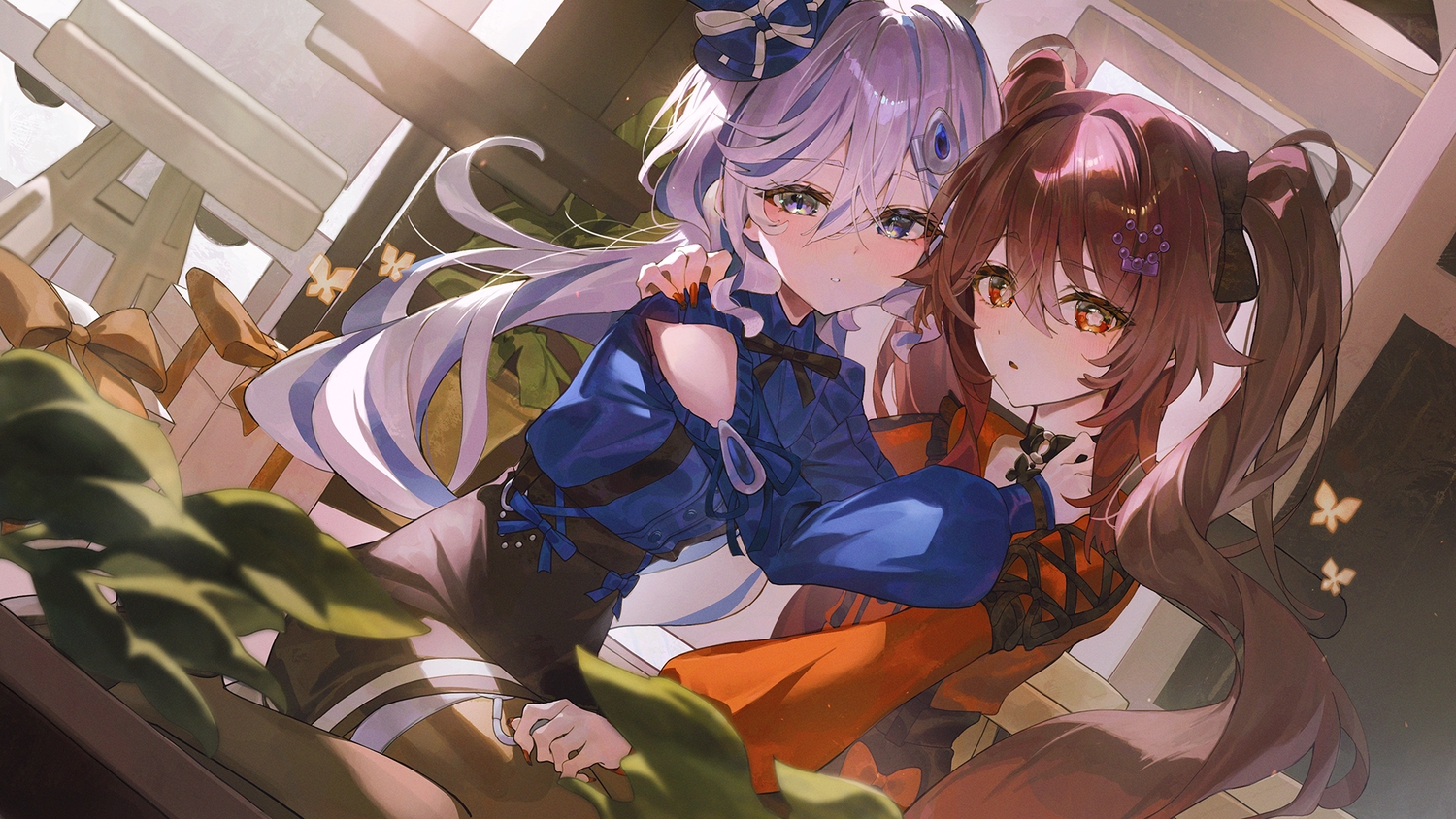 2girls, bicolored_eyes, blue_eyes, blush, bow, brown_hair, choker, dress