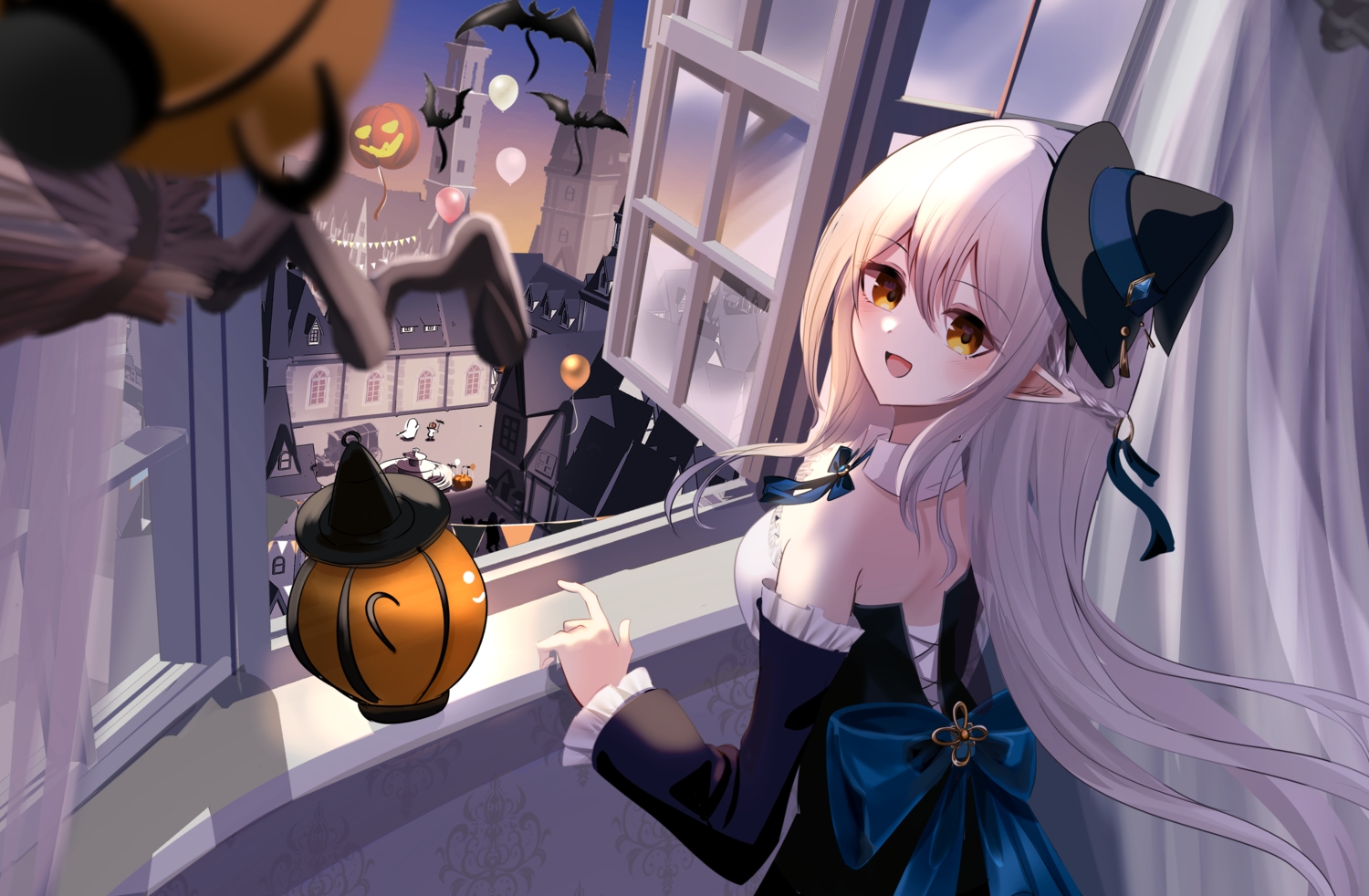 animal, bat, blush, bow, braids, brown_eyes, building, dress