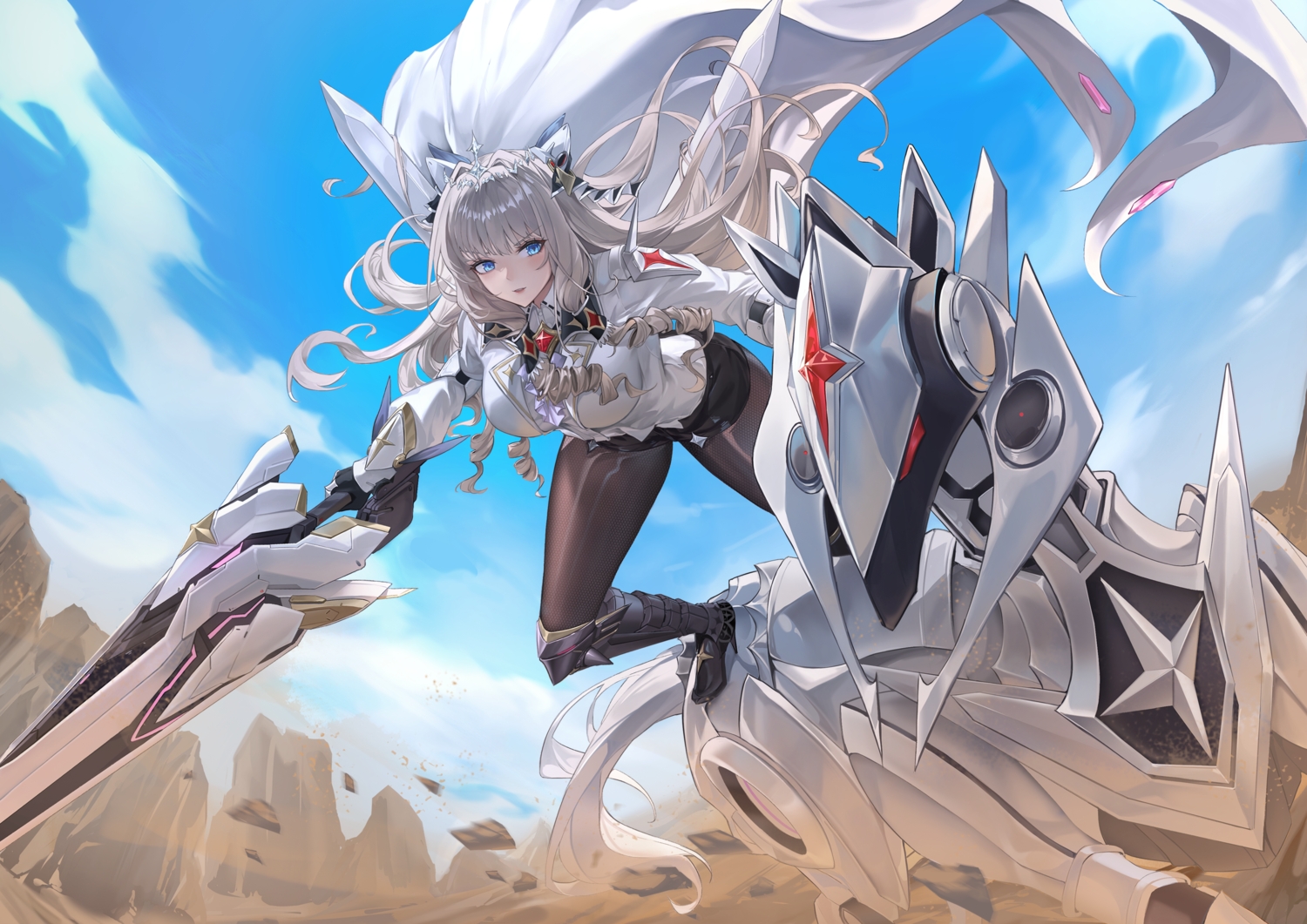 animal, armor, blonde_hair, blue_eyes, boots, clouds, crown_(nikke), desert