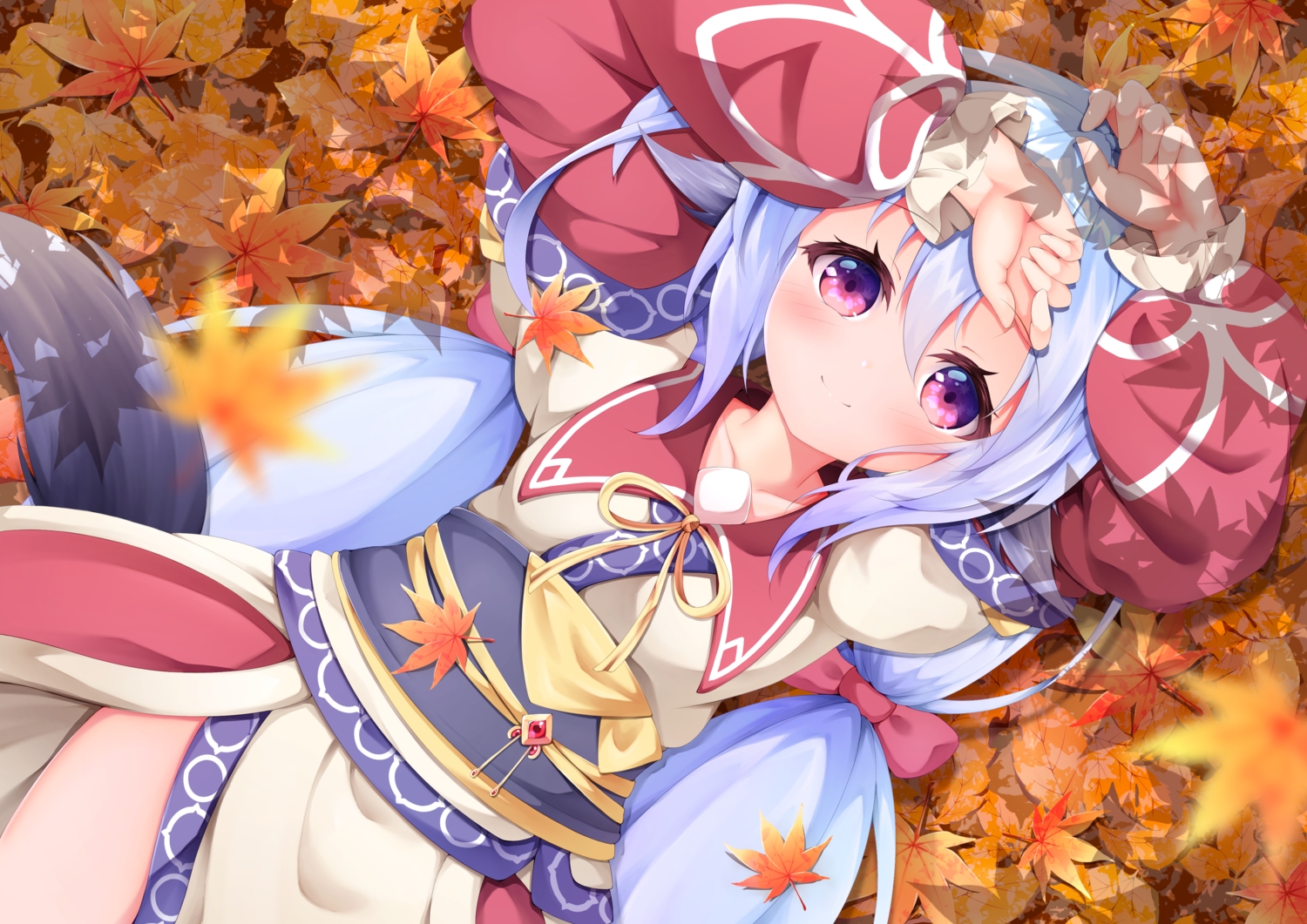 akari_(eco), animal_ears, autumn, blue_hair, blush, bow, dress, emil_chronicle_online, haneno_hitsuji, leaves, long_hair, purple_eyes, shade, tail, twintails, wolfgirl