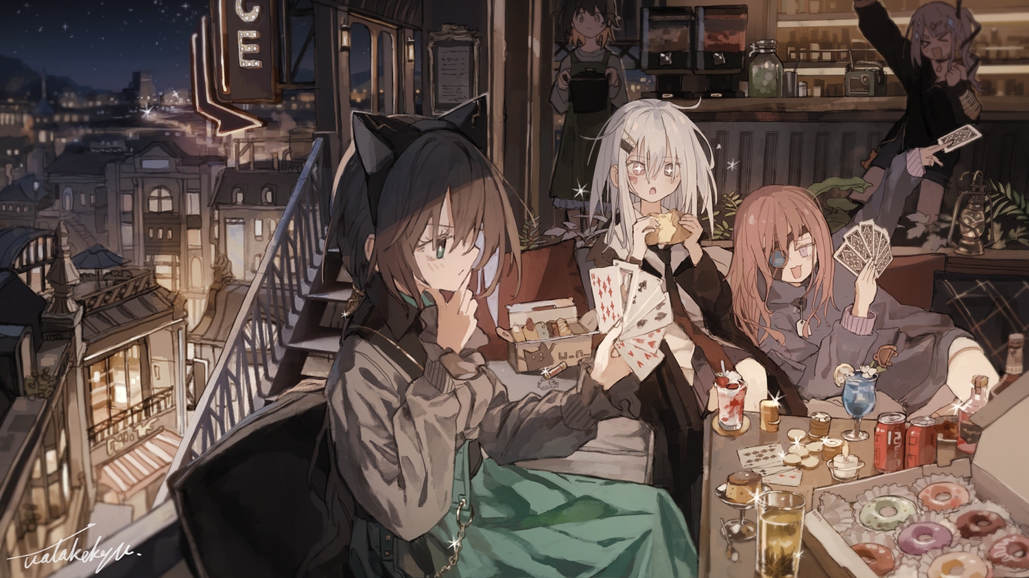 animal_ears, bicolored_eyes, blush, brown_hair, building, cat_smile, city, dress