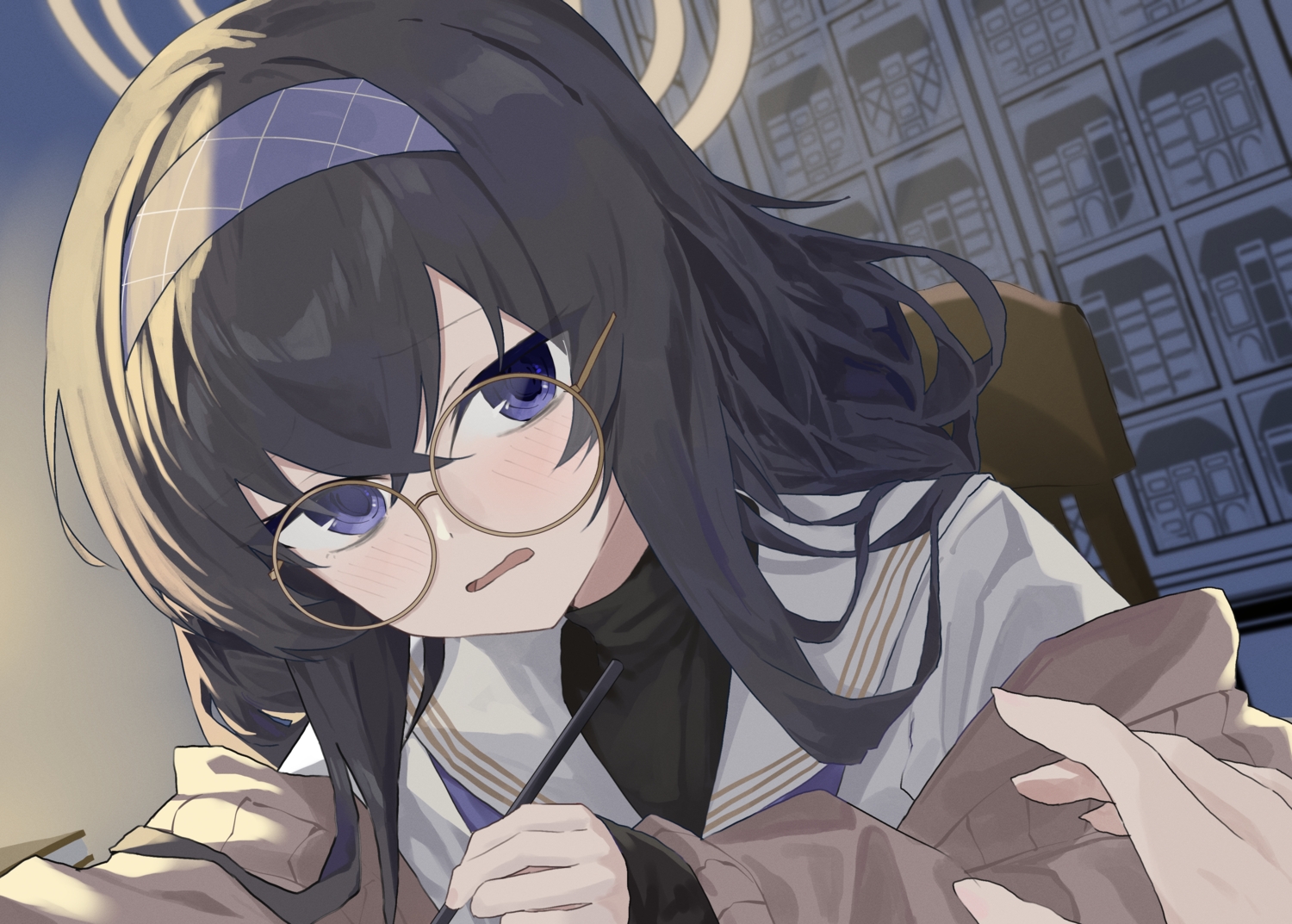 black_hair, blue_archive, blush, book, close, evening_rabbit, glasses, halo, headband, kozeki_ui, long_hair, purple_eyes, school_uniform