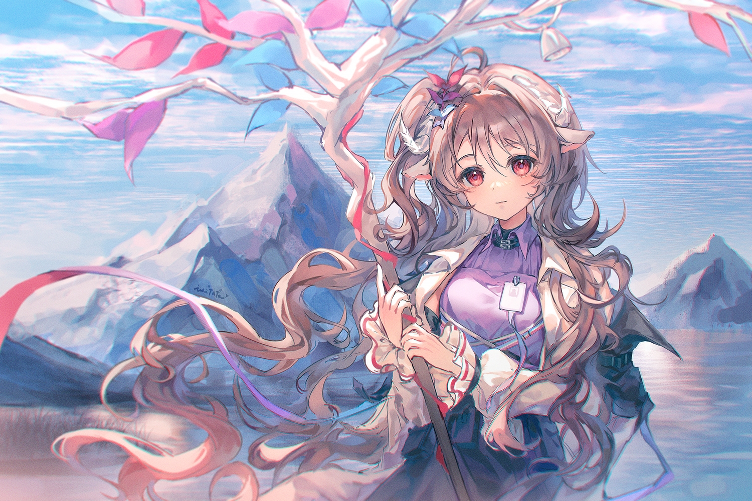 animal_ears, arknights, brown_hair, clouds, dress, eyjafjalla_(arknights), horns, ichitata