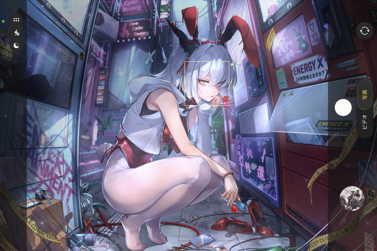 animal_ears, building, bunny_ears, bunnygirl, camera, candy, city, graffiti, gray_hair, headband, hood, horns, leotard, lollipop, original, pantyhose, phone, short_hair, stairs, tail, wristwear, yellow_eyes, yueyingjinfeng