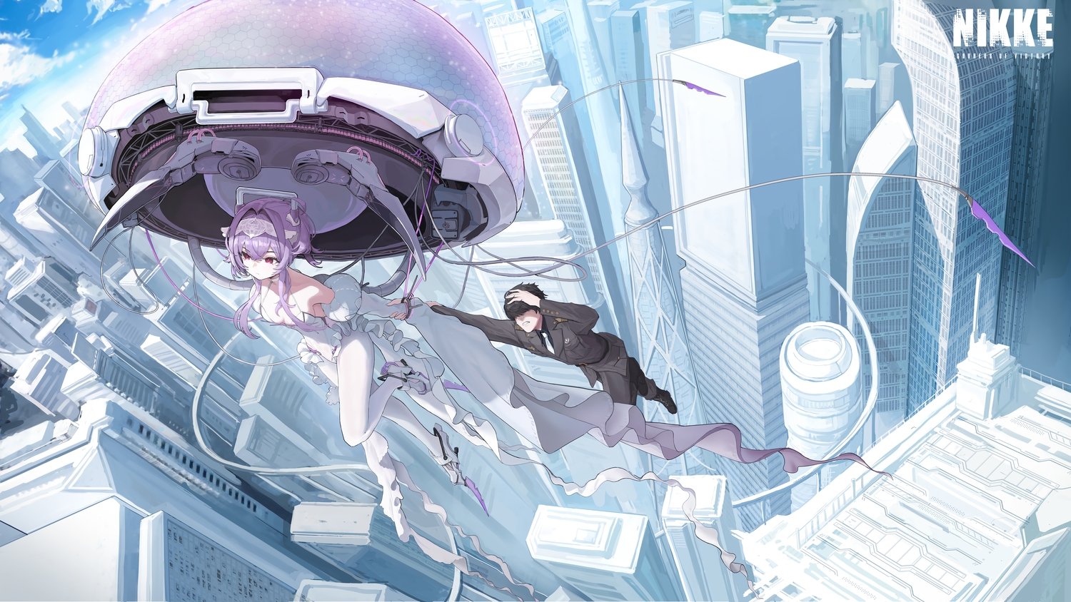 black_hair, boots, breasts, building, cho_gum, choker, city, clouds