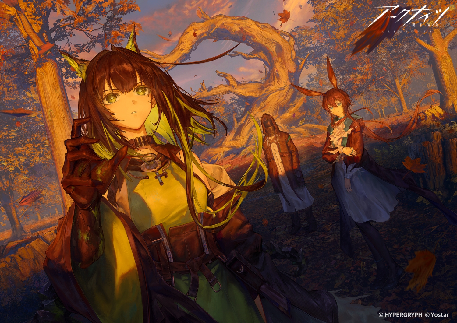 2girls, amiya_(arknights), animal_ears, aqua_eyes, arknights, autumn, black_hair, brown_hair, bunny_ears, bunnygirl, choker, clouds, collar, corset, doctor_(arknights), dress, green_eyes, gyoukan_(jfxc), hood, horns, leaves, long_hair, mask, mon3tr_(arknights), pantyhose, ponytail, shade, sky, sunset, tree, watermark