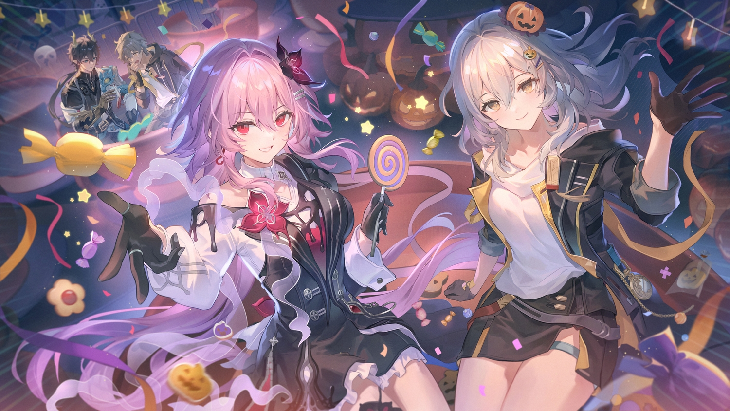 aqua_eyes, armor, black_hair, caelus_(honkai:_star_rail), candy, dan_heng_(honkai:_star_rail), dress, evernight_(honkai:_star_rail)