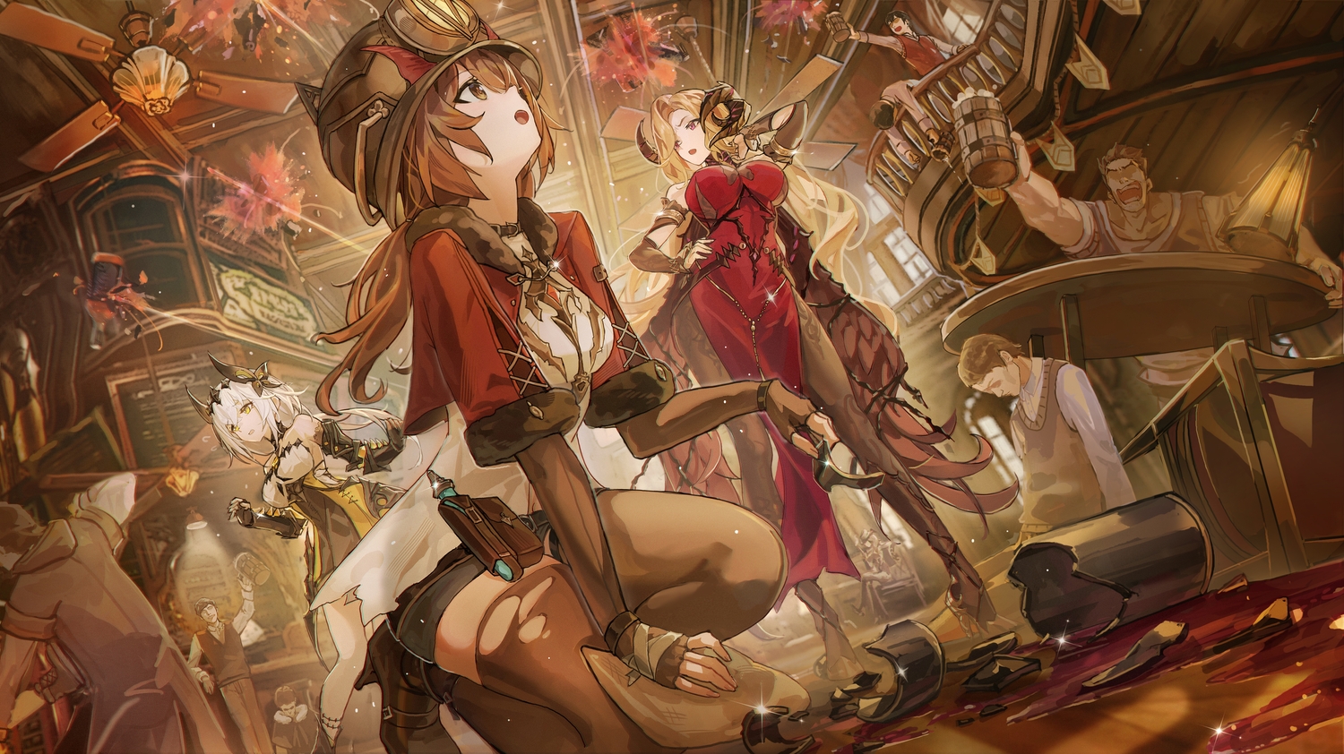 armor, blonde_hair, brown_eyes, brown_hair, camilla_(duet_night_abyss), choker, collar, drink, duet_night_abyss, elbow_gloves, gloves, group, hat, headdress, hood, horns, long_hair, male, margie_(duet_night_abyss), pantyhose, pink_eyes, psyche_(duet_night_abyss), shorts, thighhighs, torn_clothes, white_hair, wristwear, xude, yellow_eyes