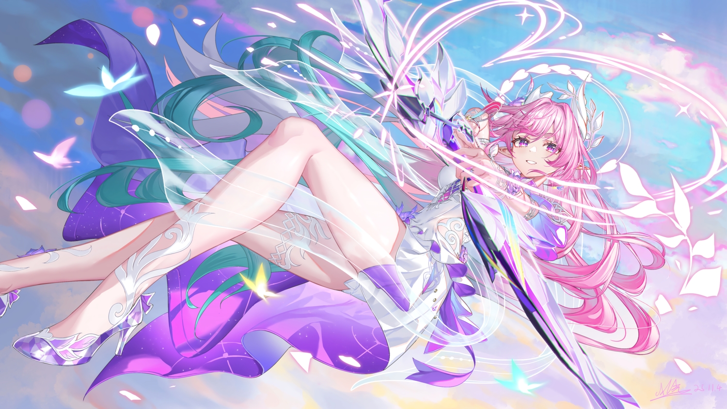 al_guang, bow_(weapon), butterfly, clouds, cyrene_(honkai:_star_rail), dress, garter, halo