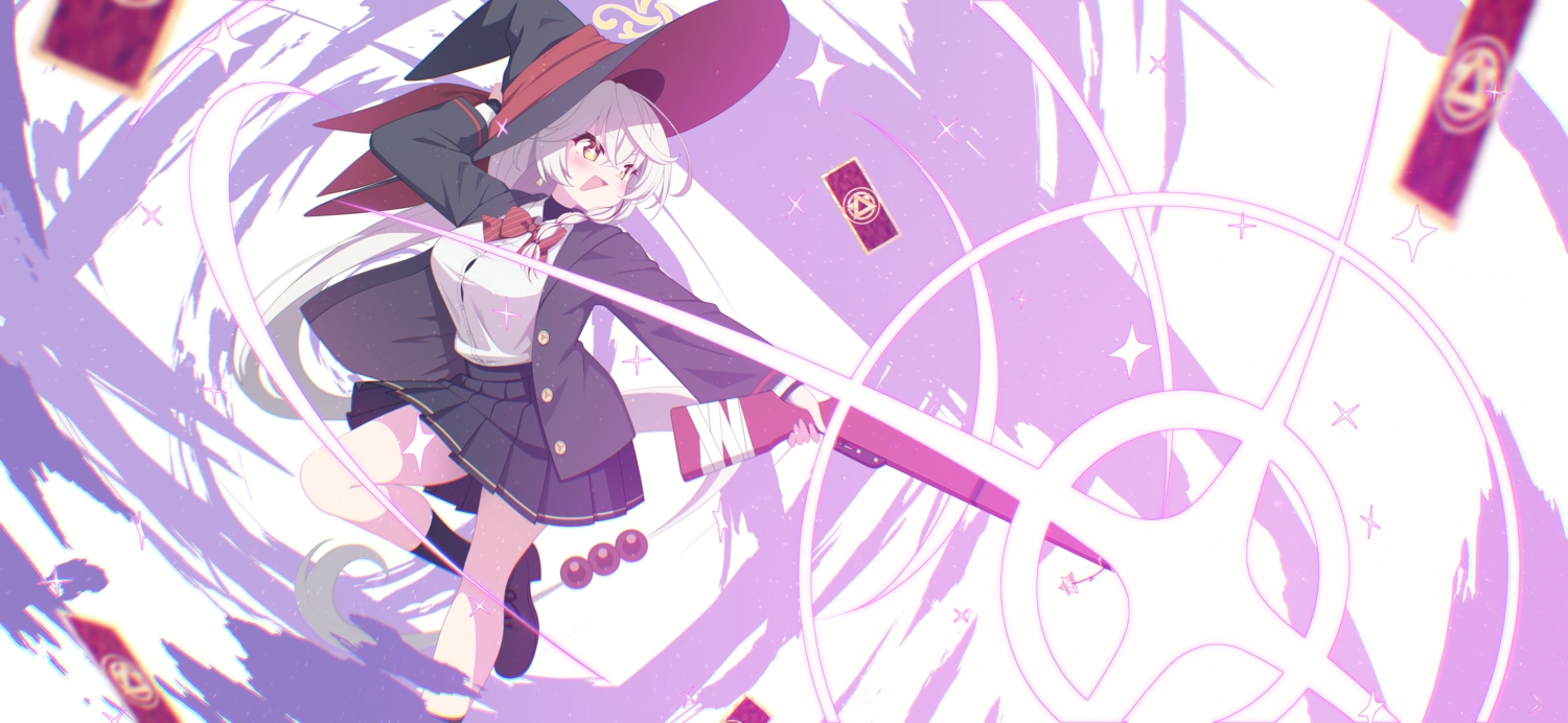 blue_archive, blush, bow, gun, hat, kneehighs, long_hair, magic