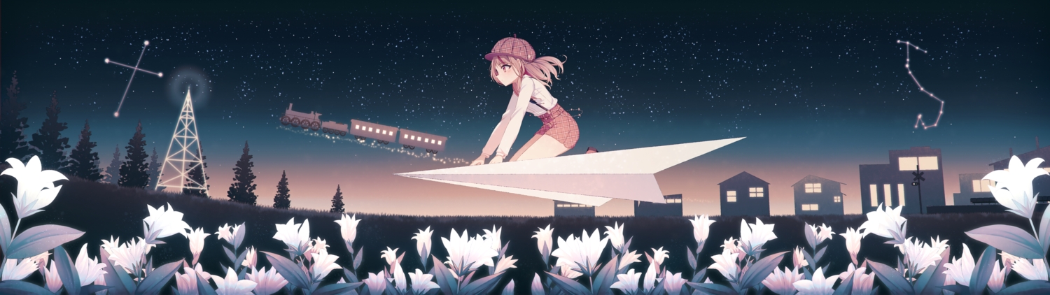aircraft, blush, braids, brown_hair, building, flowers, ginga_tetsudo_no_yoru, hat, long_hair, night, paper, red_eyes, sakakidani, shirt, shorts, sky, stars, tagme_(character), train, tree